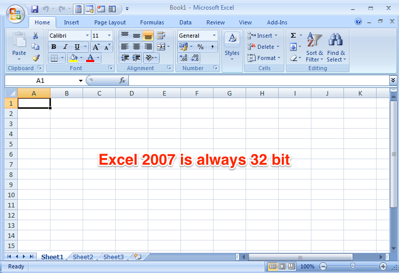 Excel 2007 and earlier is always 32 bit