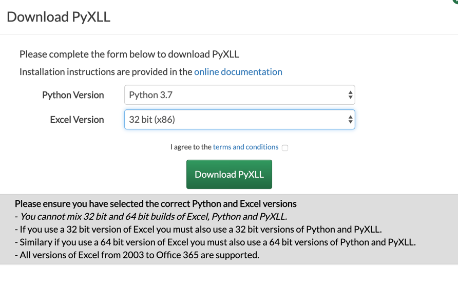 Select your Python and Excel versions before downloading.