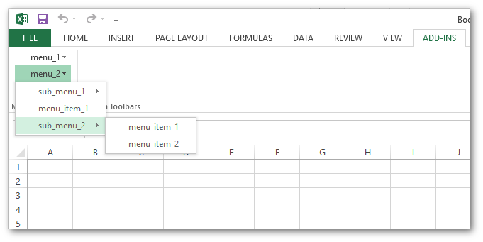 Excel menu items with custom ordering.