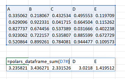 Passing a range of data as a polars DataFrame to an Excel function