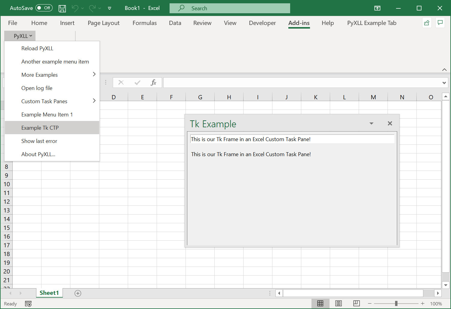 A tkinter frame in an Excel custom task pane