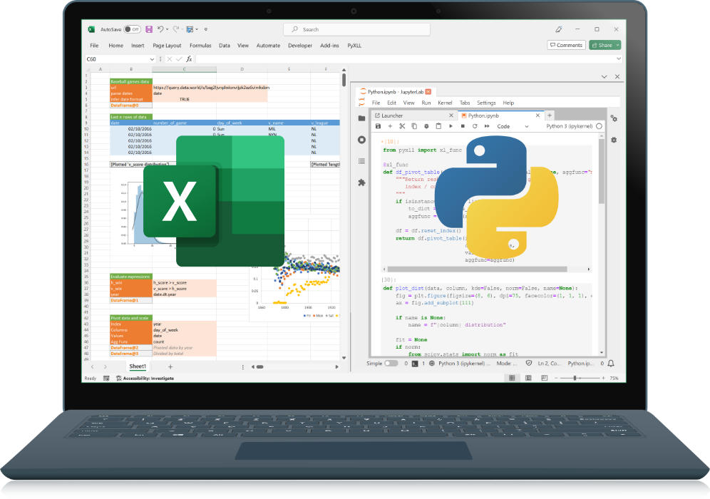 Laptop showing Python and Excel