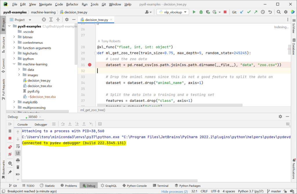 Debug Python code in Excel with PyCharm and PyXLL